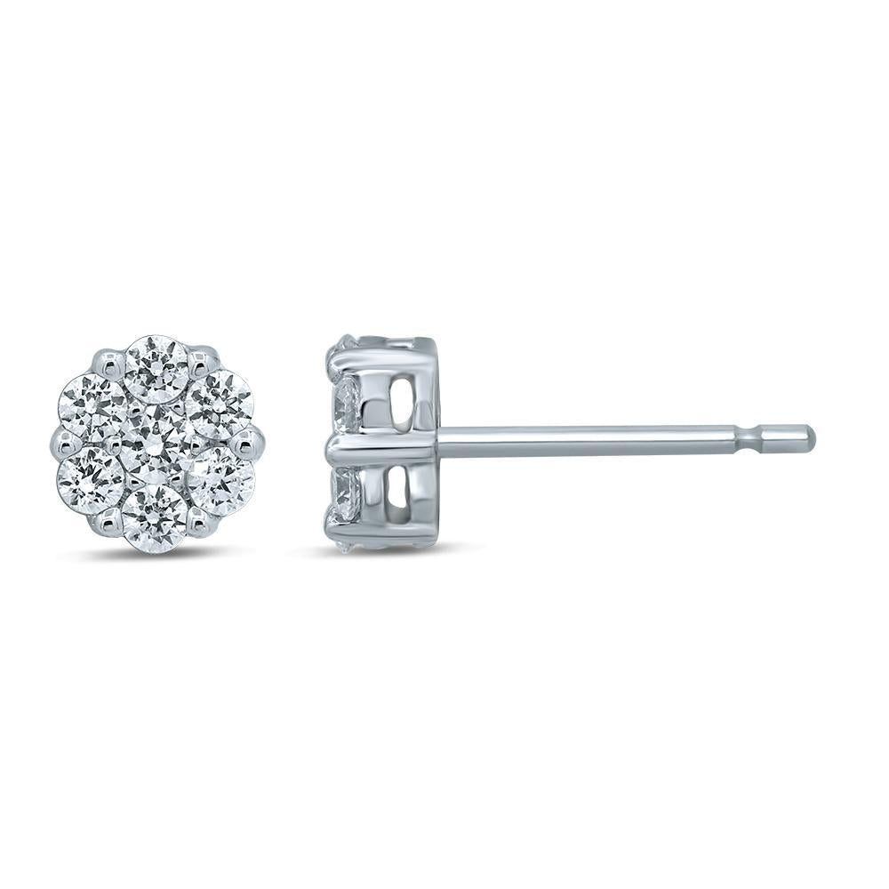 diamond flower stud earrings round cut 14kt gold