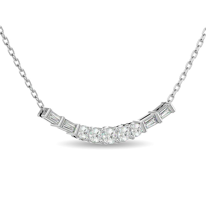 diamond flower pendant round and baguette cut 0.50 carats 14kt gold with chain