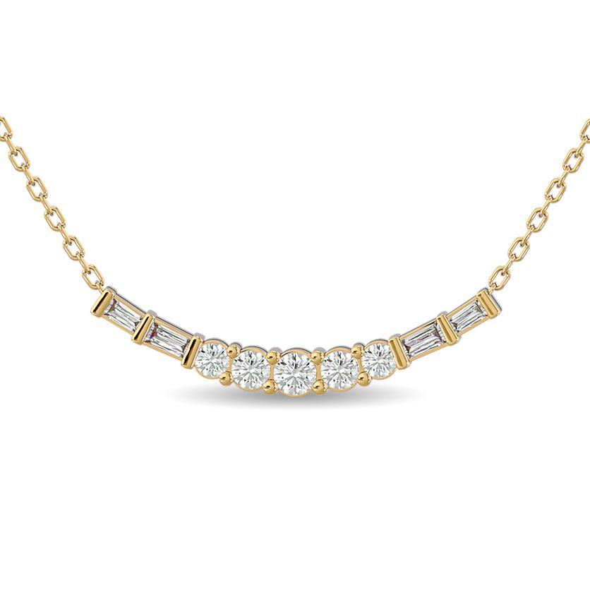 diamond flower pendant round and baguette cut 0.50 carats 14kt gold with chain