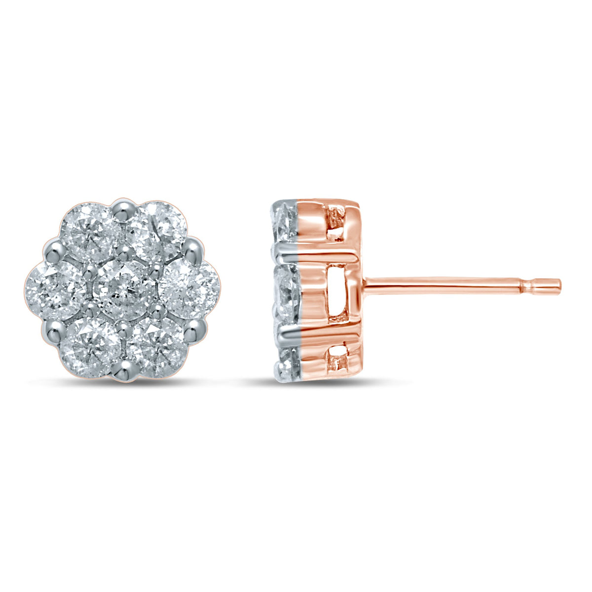 diamond flower stud earrings round cut 14kt gold