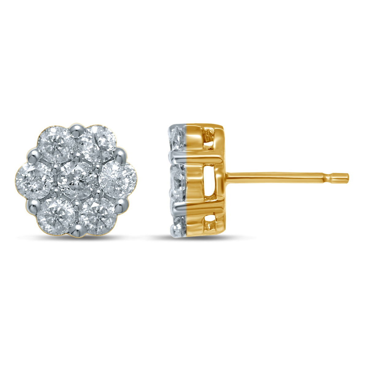 diamond flower stud earrings round cut 14kt gold